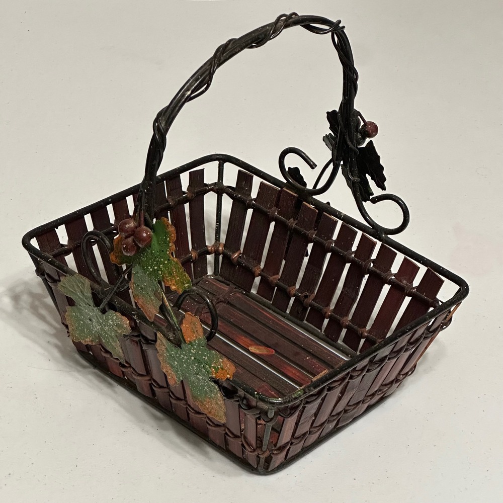 Grape Vine Metal & Bamboo Wood Slat Decorative Basket with Handle Rustic Vintage